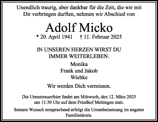 Traueranzeige von Adolf Micko von Stuttgarter Zeitung / Stuttgarter Nachrichten