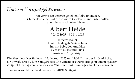 Traueranzeige von Albert Heide von Stuttgarter Zeitung / Stuttgarter Nachrichten