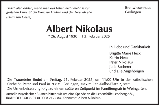 Traueranzeige von Albert Nikolaus von Stuttgarter Zeitung / Stuttgarter Nachrichten