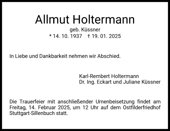 Traueranzeige von Allmut Holtermann von Stuttgarter Zeitung / Stuttgarter Nachrichten