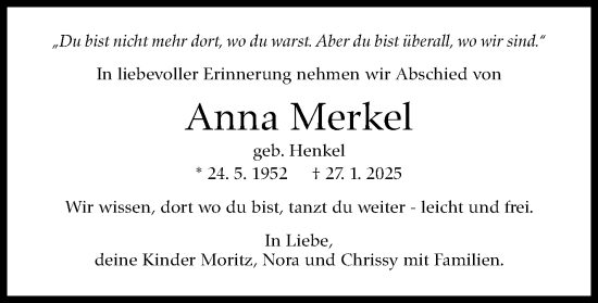 Traueranzeige von Anna Merkel von Stuttgarter Zeitung / Stuttgarter Nachrichten