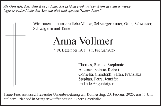 Traueranzeige von Anna Vollmer von Stuttgarter Zeitung / Stuttgarter Nachrichten