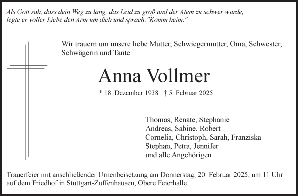  Traueranzeige für Anna Vollmer vom 18.02.2025 aus Stuttgarter Zeitung / Stuttgarter Nachrichten