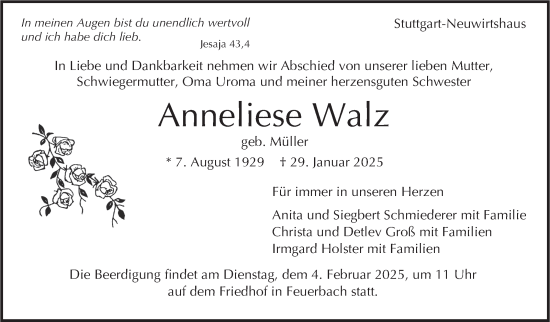 Traueranzeige von Anneliese Walz von Stuttgarter Zeitung / Stuttgarter Nachrichten