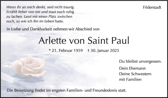 Traueranzeige von Arlette von Saint Paul von Stuttgarter Zeitung / Stuttgarter Nachrichten