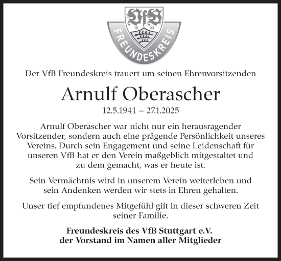 Traueranzeige von Arnulf Oberascher von Stuttgarter Zeitung / Stuttgarter Nachrichten