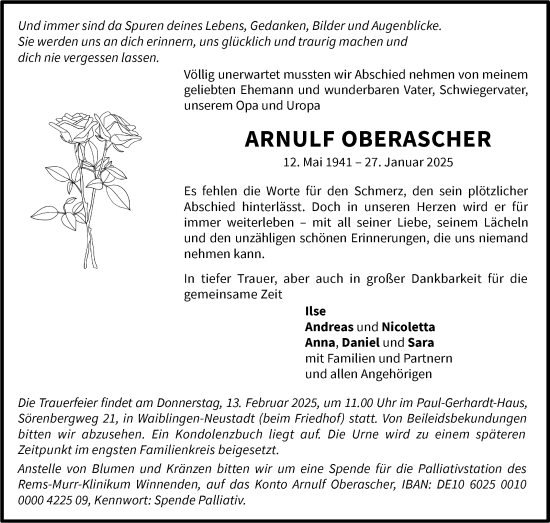 Traueranzeige von Arnulf Oberascher von Stuttgarter Zeitung / Stuttgarter Nachrichten
