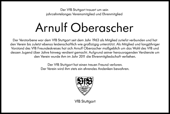 Traueranzeige von Arnulf Oberascher von Stuttgarter Zeitung / Stuttgarter Nachrichten
