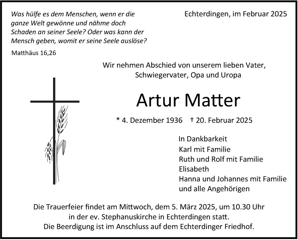  Traueranzeige für Artur Matter vom 28.02.2025 aus Stuttgarter Zeitung / Stuttgarter Nachrichten