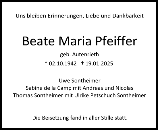 Traueranzeige von Beate Maria Pfeiffer von Stuttgarter Zeitung / Stuttgarter Nachrichten