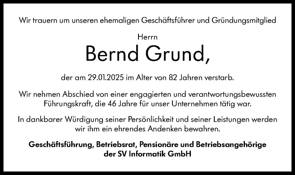  Traueranzeige für Bernd Grund vom 08.02.2025 aus Stuttgarter Zeitung / Stuttgarter Nachrichten