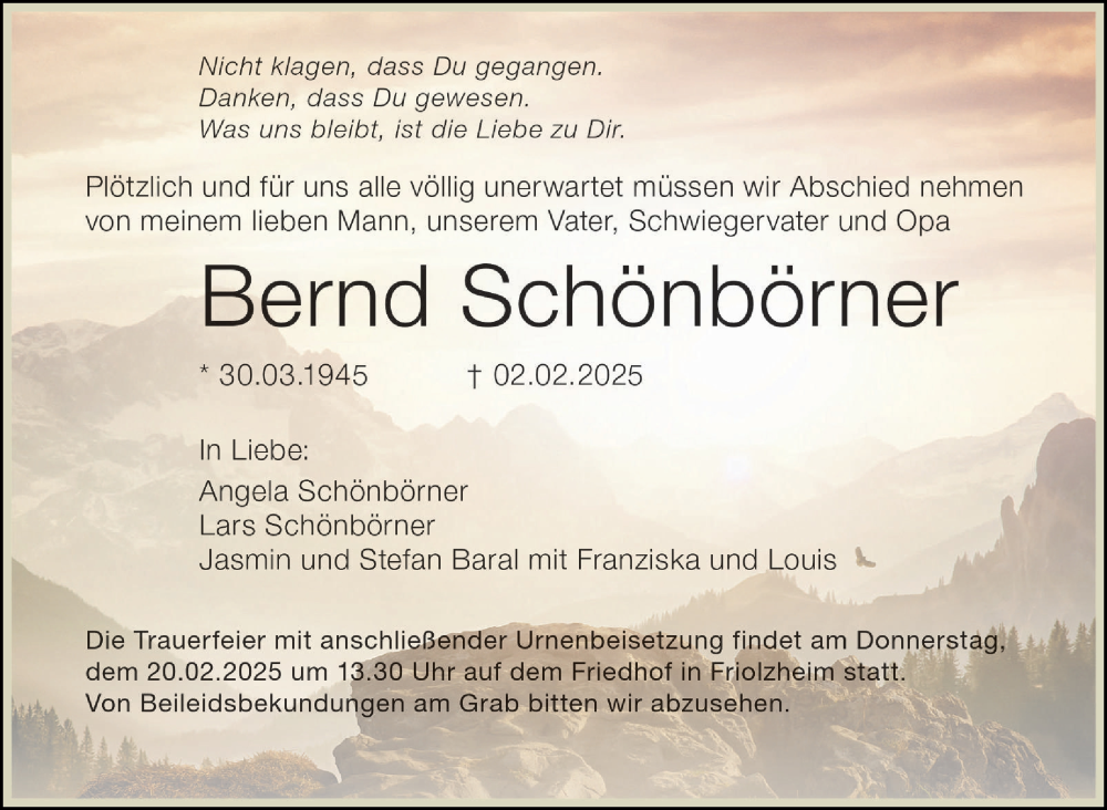  Traueranzeige für Bernd Schönbörner vom 15.02.2025 aus Stuttgarter Zeitung / Stuttgarter Nachrichten