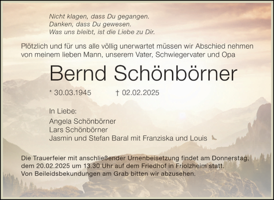 Traueranzeige von Bernd Schönbörner von Stuttgarter Zeitung / Stuttgarter Nachrichten