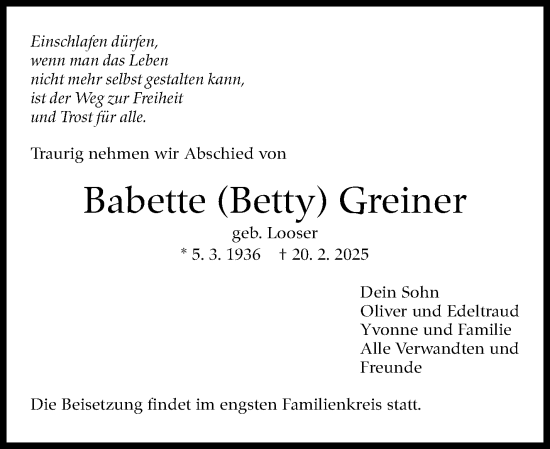 Traueranzeige von Betty Greiner von Stuttgarter Zeitung / Stuttgarter Nachrichten
