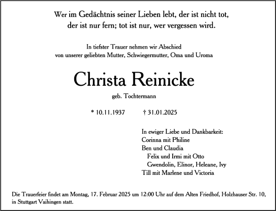 Traueranzeige von Christa Reinicke von Stuttgarter Zeitung / Stuttgarter Nachrichten