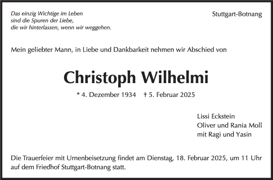 Traueranzeige von Christoph Wilhelmi von Stuttgarter Zeitung / Stuttgarter Nachrichten