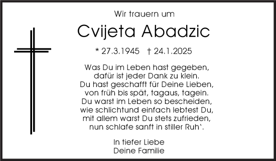 Traueranzeige von Cvijeta Abadzic von Stuttgarter Zeitung / Stuttgarter Nachrichten