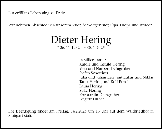 Traueranzeige von Dieter Hering von Stuttgarter Zeitung / Stuttgarter Nachrichten