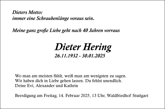 Traueranzeige von Dieter Hering von Stuttgarter Zeitung / Stuttgarter Nachrichten