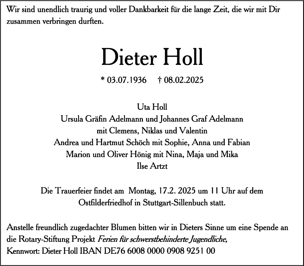  Traueranzeige für Dieter Holl vom 14.02.2025 aus Stuttgarter Zeitung / Stuttgarter Nachrichten
