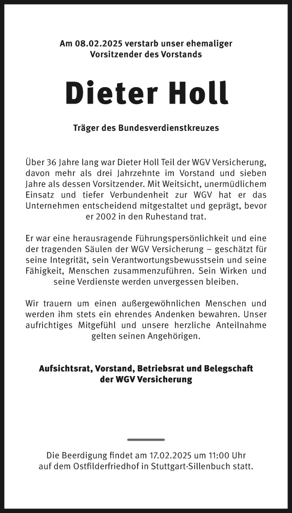  Traueranzeige für Dieter Holl vom 14.02.2025 aus Stuttgarter Zeitung / Stuttgarter Nachrichten