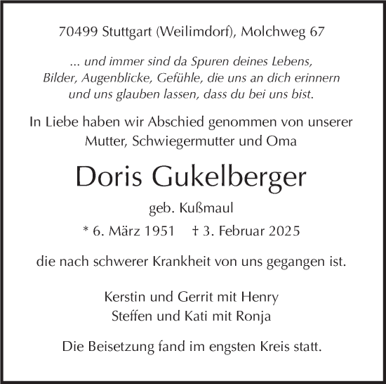 Traueranzeige von Doris Gukelberger von Stuttgarter Zeitung / Stuttgarter Nachrichten
