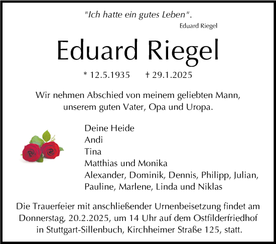 Traueranzeige von Eduard Riegel von Stuttgarter Zeitung / Stuttgarter Nachrichten