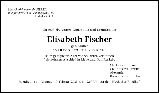 Traueranzeige von Elisabeth Fischer von Stuttgarter Zeitung / Stuttgarter Nachrichten