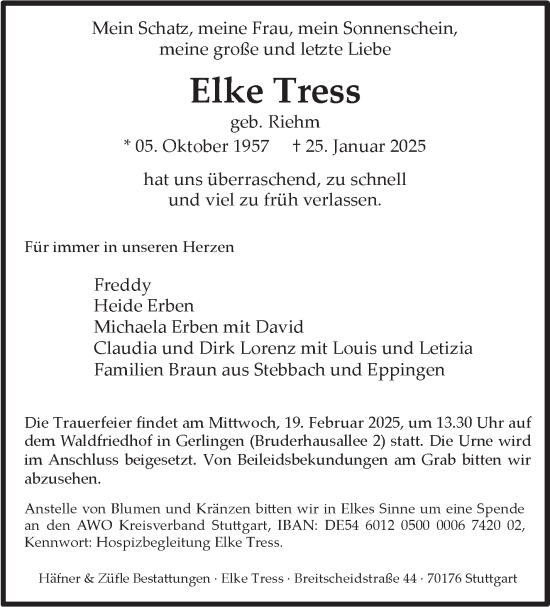 Traueranzeige von Elke Tress von Stuttgarter Zeitung / Stuttgarter Nachrichten
