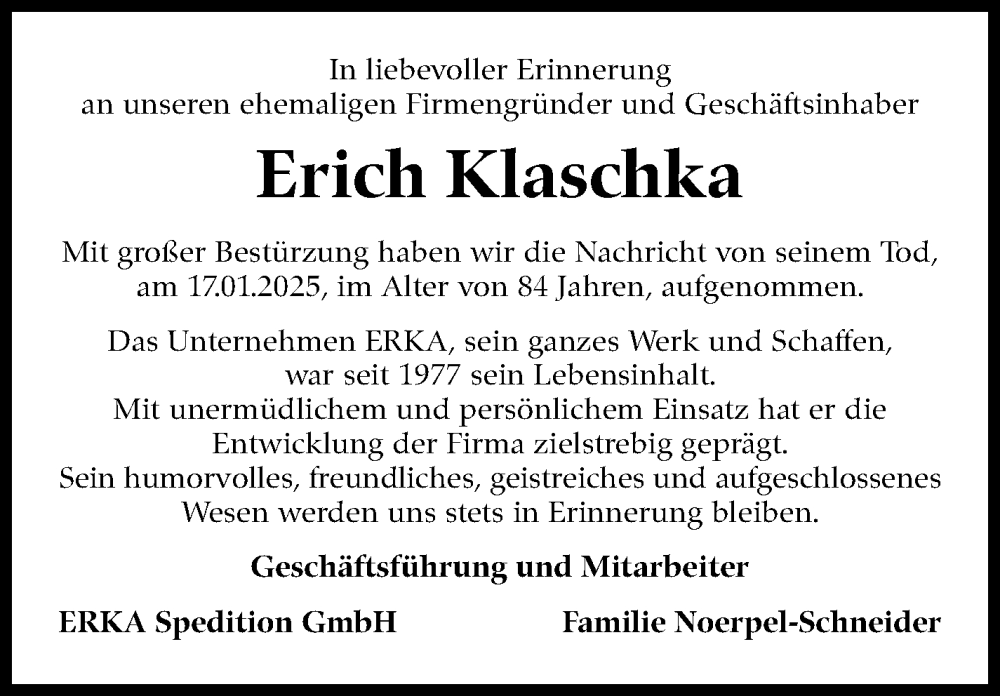  Traueranzeige für Erich Klaschka vom 01.02.2025 aus Stuttgarter Zeitung / Stuttgarter Nachrichten