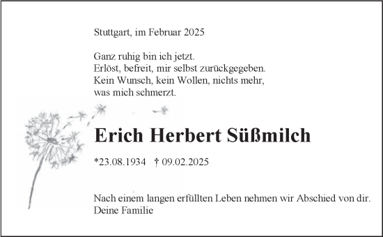 Traueranzeige von Erich Herbert Süßmilch von Stuttgarter Zeitung / Stuttgarter Nachrichten
