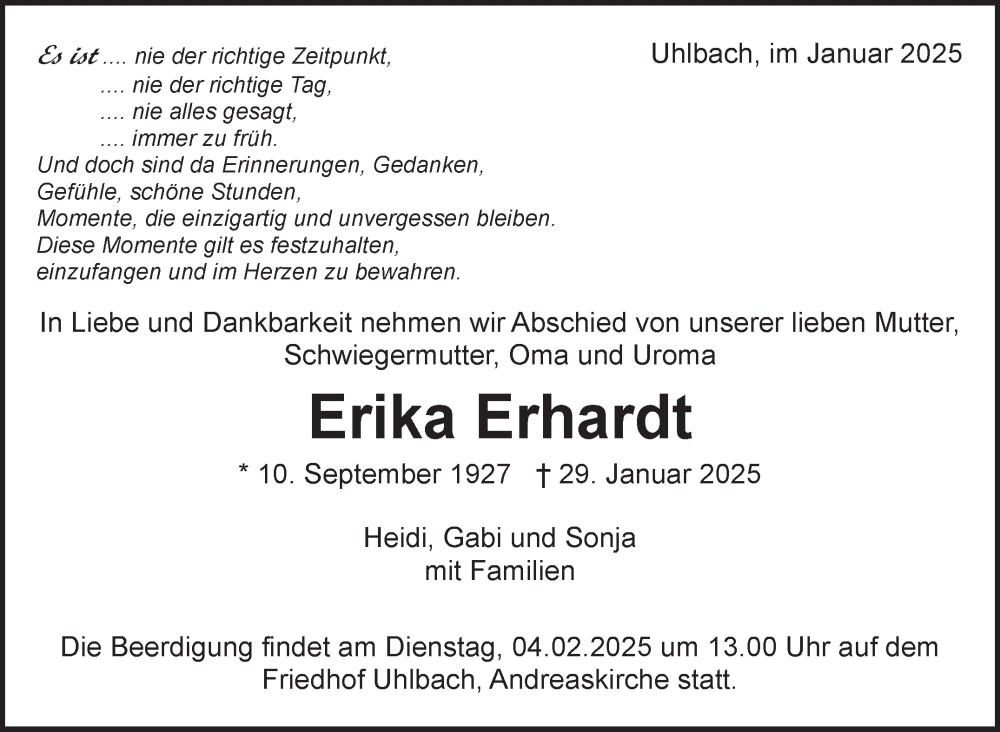  Traueranzeige für Erika Erhardt vom 01.02.2025 aus Stuttgarter Zeitung / Stuttgarter Nachrichten