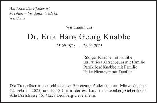 Traueranzeige von Erik Hans Georg Knabbe von Stuttgarter Zeitung / Stuttgarter Nachrichten