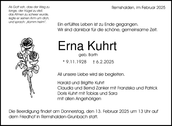 Traueranzeige von Erna Kuhrt von Stuttgarter Zeitung / Stuttgarter Nachrichten