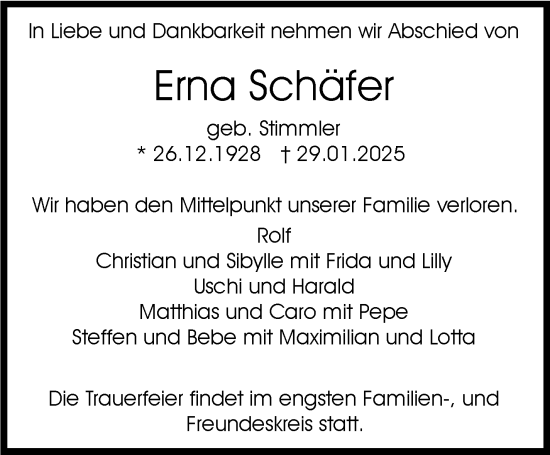 Traueranzeige von Erna Schäfer von Stuttgarter Zeitung / Stuttgarter Nachrichten