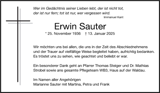 Traueranzeige von Erwin Sauter von Stuttgarter Zeitung / Stuttgarter Nachrichten