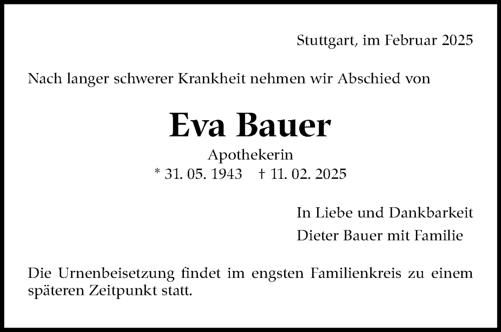  Traueranzeige für Eva Bauer vom 20.02.2025 aus Stuttgarter Zeitung / Stuttgarter Nachrichten