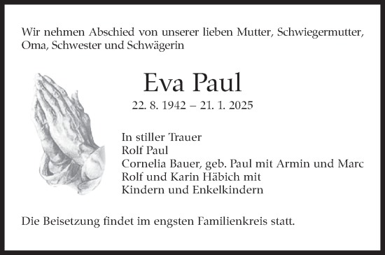 Traueranzeige von Eva Paul von Stuttgarter Zeitung / Stuttgarter Nachrichten