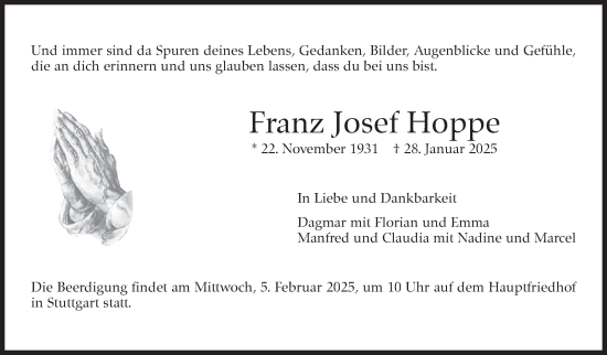 Traueranzeige von Franz Josef Hoppe von Stuttgarter Zeitung / Stuttgarter Nachrichten