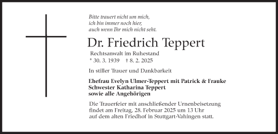 Traueranzeige von Friedrich Teppert von Stuttgarter Zeitung / Stuttgarter Nachrichten