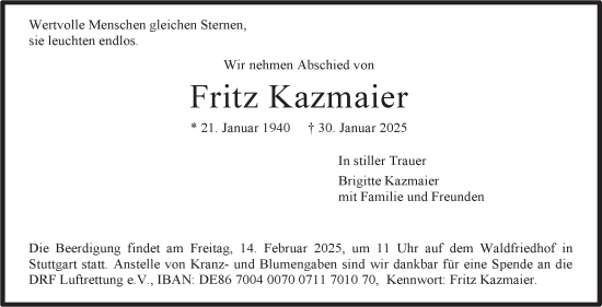 Traueranzeige von Fritz Kazmaier von Stuttgarter Zeitung / Stuttgarter Nachrichten