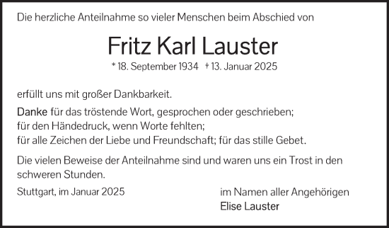 Traueranzeige von Fritz Karl Lauster von Stuttgarter Zeitung / Stuttgarter Nachrichten