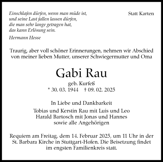 Traueranzeige von Gabi Rau von Stuttgarter Zeitung / Stuttgarter Nachrichten