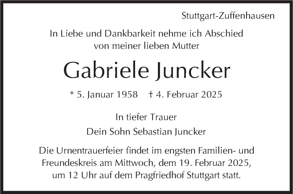  Traueranzeige für Gabriele Juncker vom 15.02.2025 aus Stuttgarter Zeitung / Stuttgarter Nachrichten