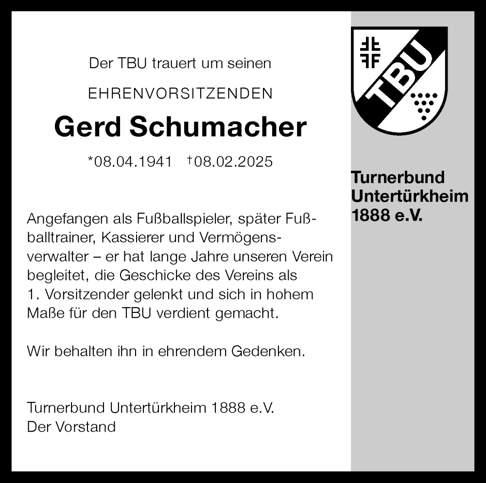  Traueranzeige für Gerd Schumacher vom 20.02.2025 aus Stuttgarter Zeitung / Stuttgarter Nachrichten