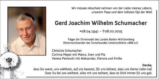 Traueranzeige von Gerd Joachim Wilhelm Schumacher von Stuttgarter Zeitung / Stuttgarter Nachrichten