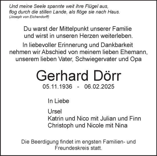 Traueranzeige von Gerhard Dörr von Stuttgarter Zeitung / Stuttgarter Nachrichten