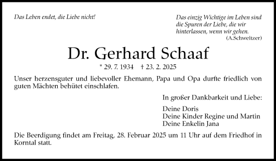 Traueranzeige von Gerhard Schaaf von Stuttgarter Zeitung / Stuttgarter Nachrichten