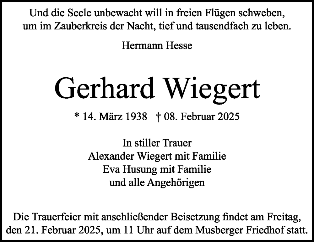  Traueranzeige für Gerhard Wiegert vom 13.02.2025 aus Stuttgarter Zeitung / Stuttgarter Nachrichten