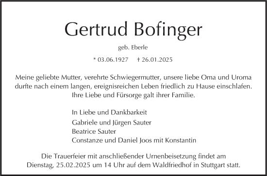 Traueranzeige von Gertrud Bofinger von Stuttgarter Zeitung / Stuttgarter Nachrichten